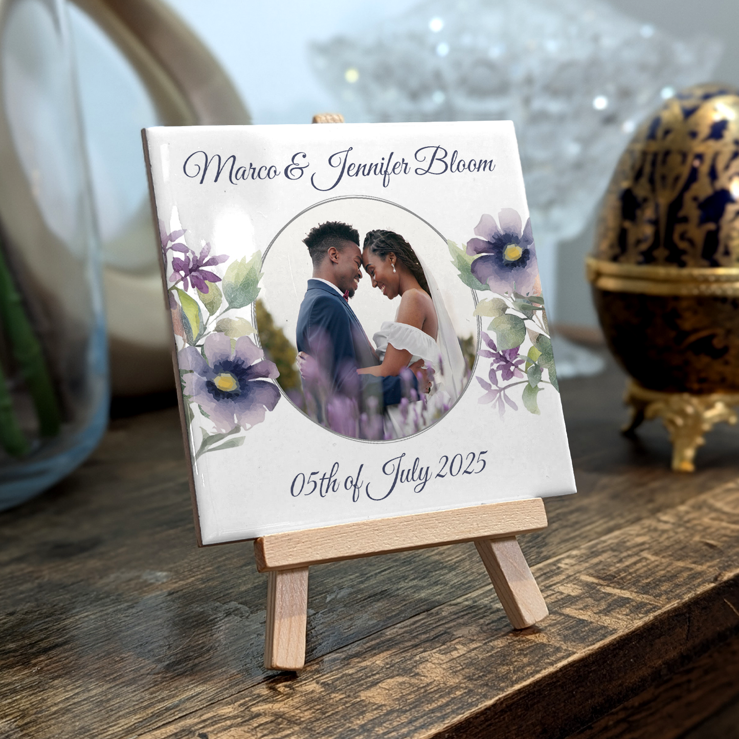 Purple Poppies Floral Wedding Celebrations – Personalised Tile with Easel