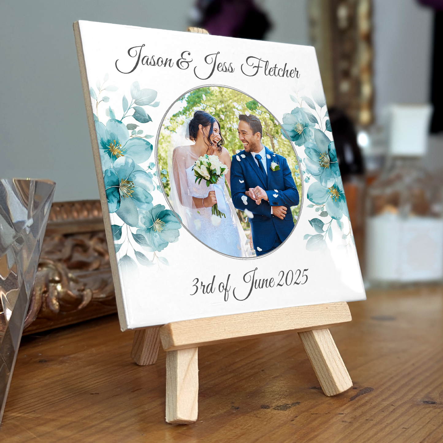 Blue Poppies Floral Wedding Celebrations – Personalised Tile with Easel