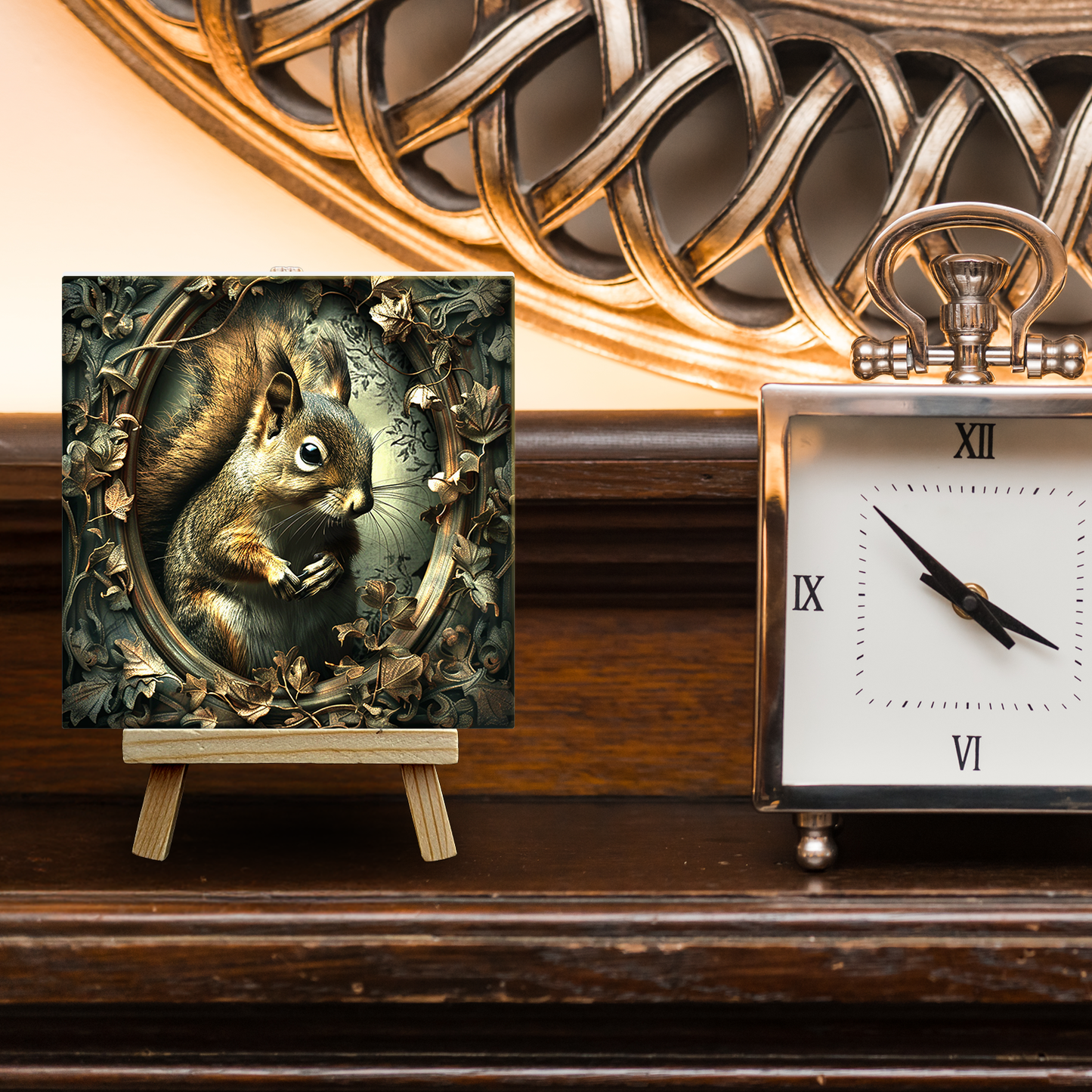 The Squirrel Baroque Style Illustrated Art Tile With Easel