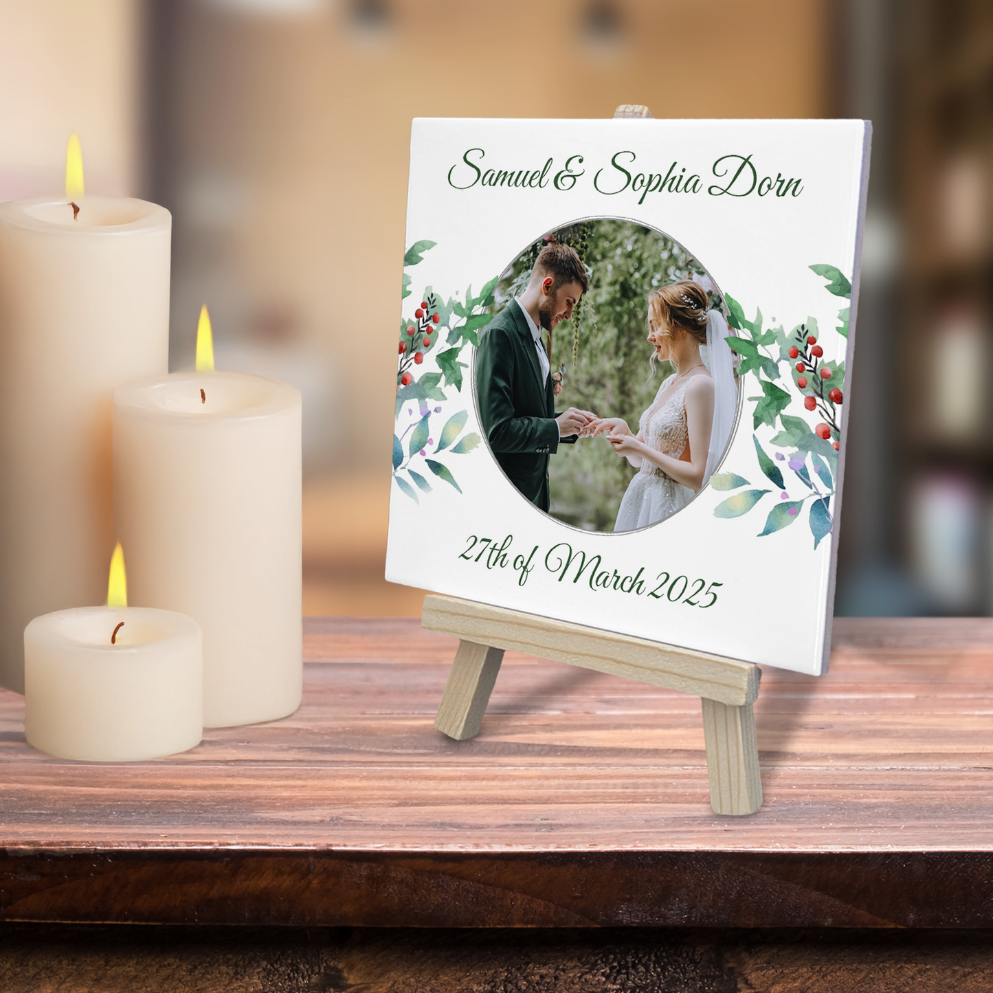 Blue Poppies Floral Wedding Celebrations – Personalised Tile with Easel