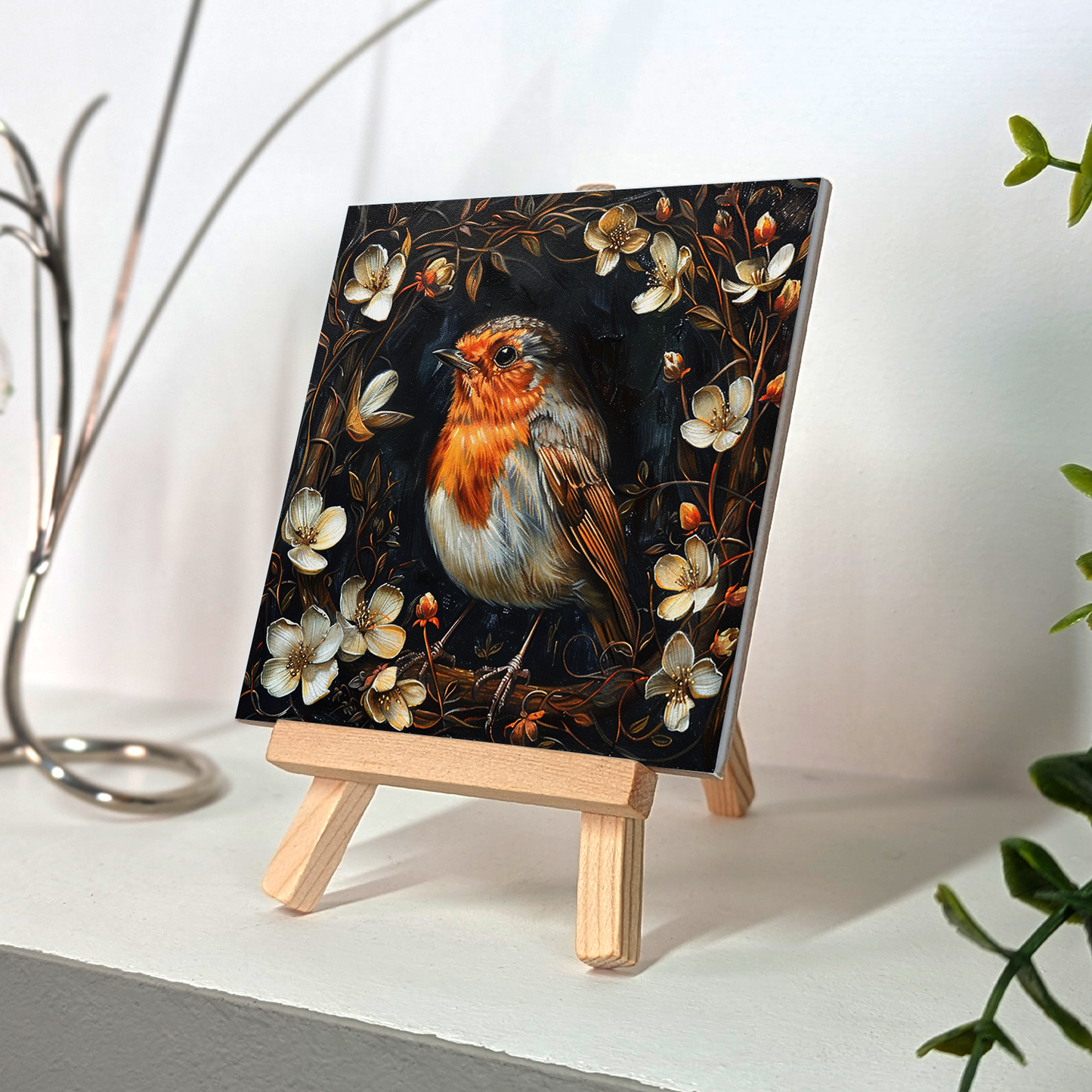 The Robin Baroque Style Illustrated Art Tile With Easel