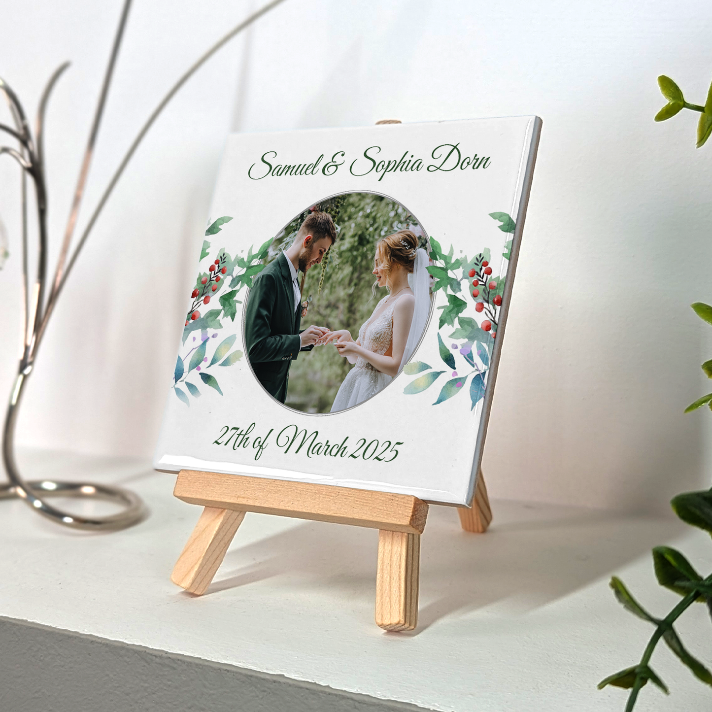 Woodland Floral Wedding Celebrations – Personalised Tile with Easel