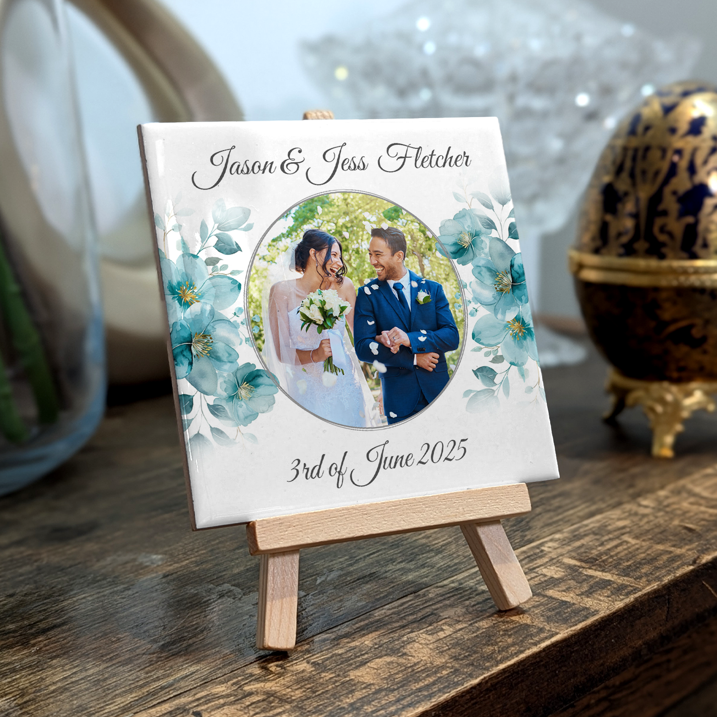 Blue Poppies Floral Wedding Celebrations – Personalised Tile with Easel