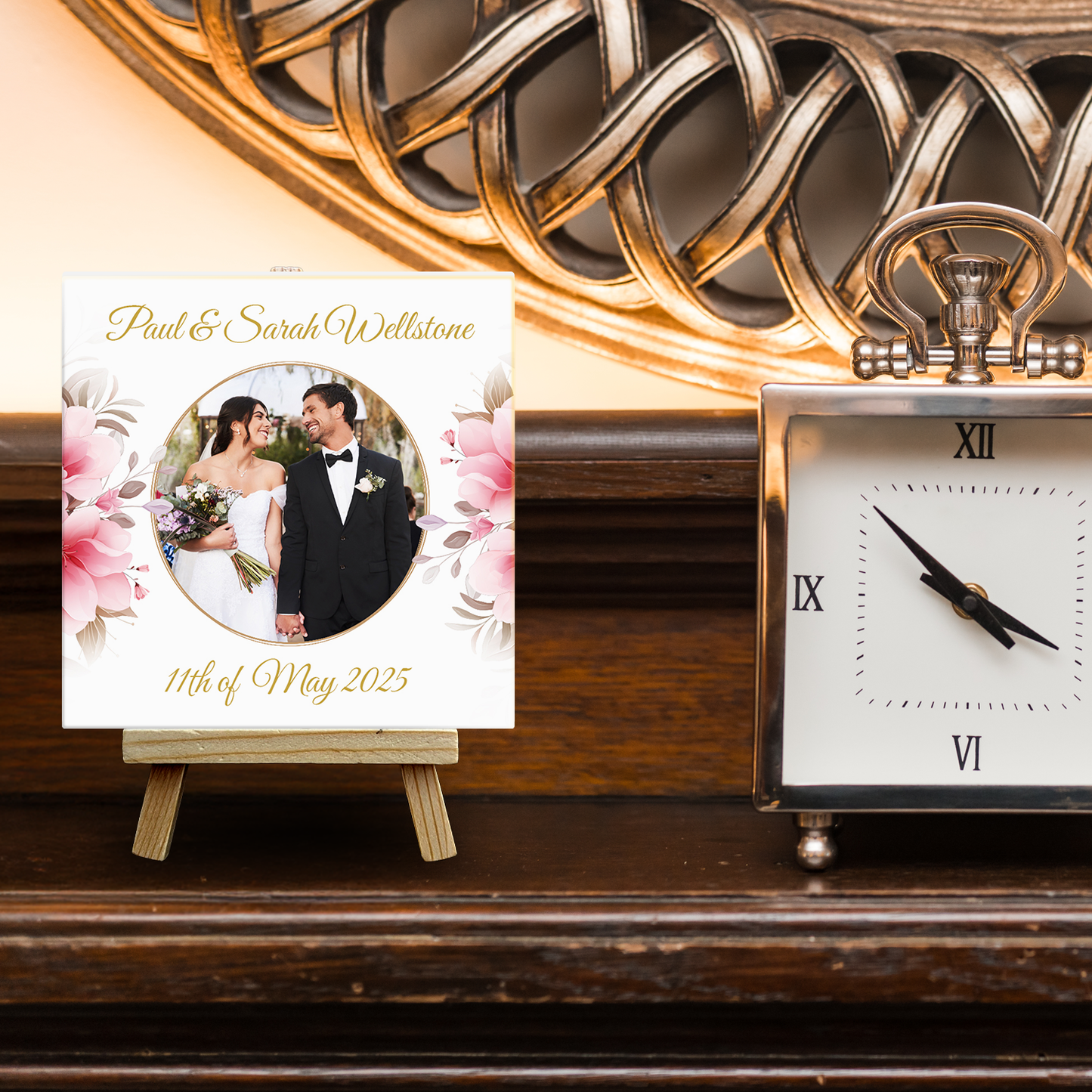 Pink Rose Floral Wedding Celebrations – Personalised Tile with Easel