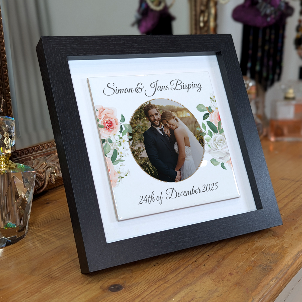 White & Peach Rose Floral Wedding Celebrations - Framed Ceramic Tiles Square