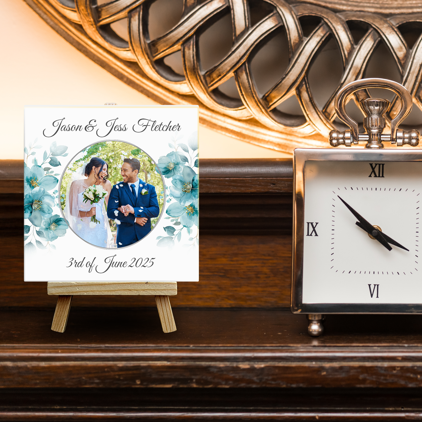 Blue Poppies Floral Wedding Celebrations – Personalised Tile with Easel