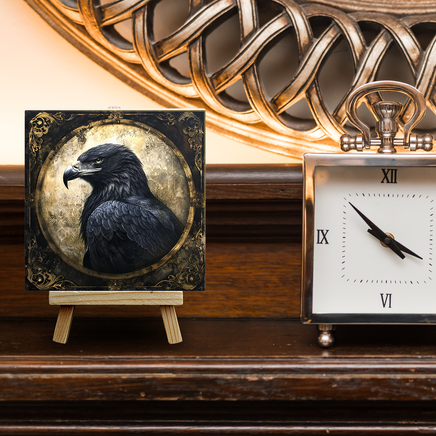 The Black Eagle Baroque Style Illustrated Art Tile With Easel