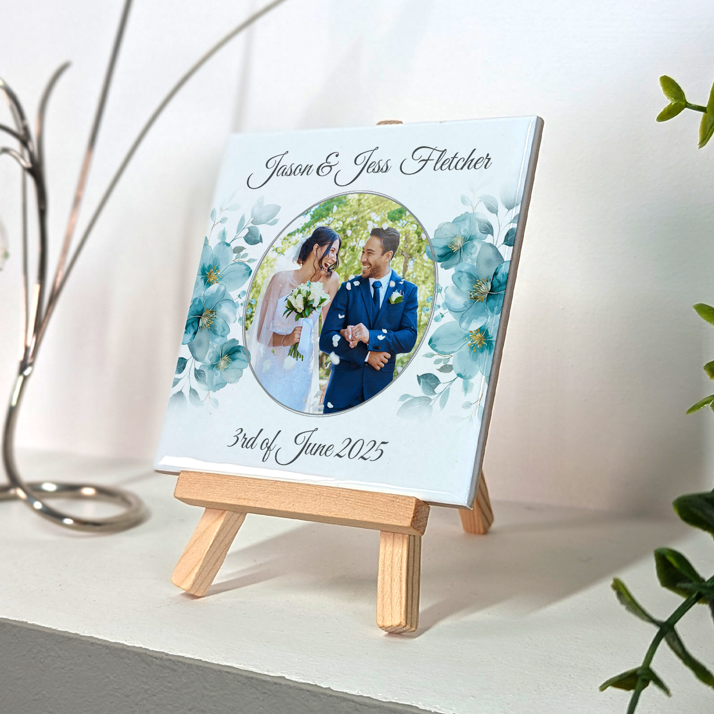 Blue Poppies Floral Wedding Celebrations – Personalised Tile with Easel