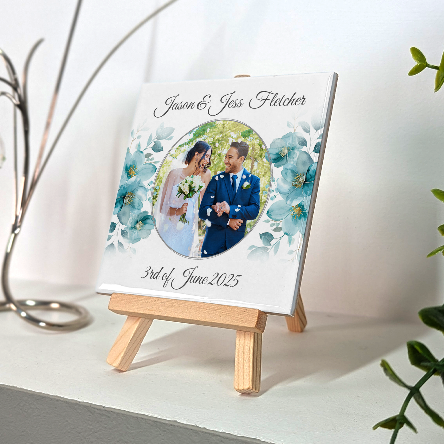 Blue Poppies Floral Wedding Celebrations – Personalised Tile with Easel