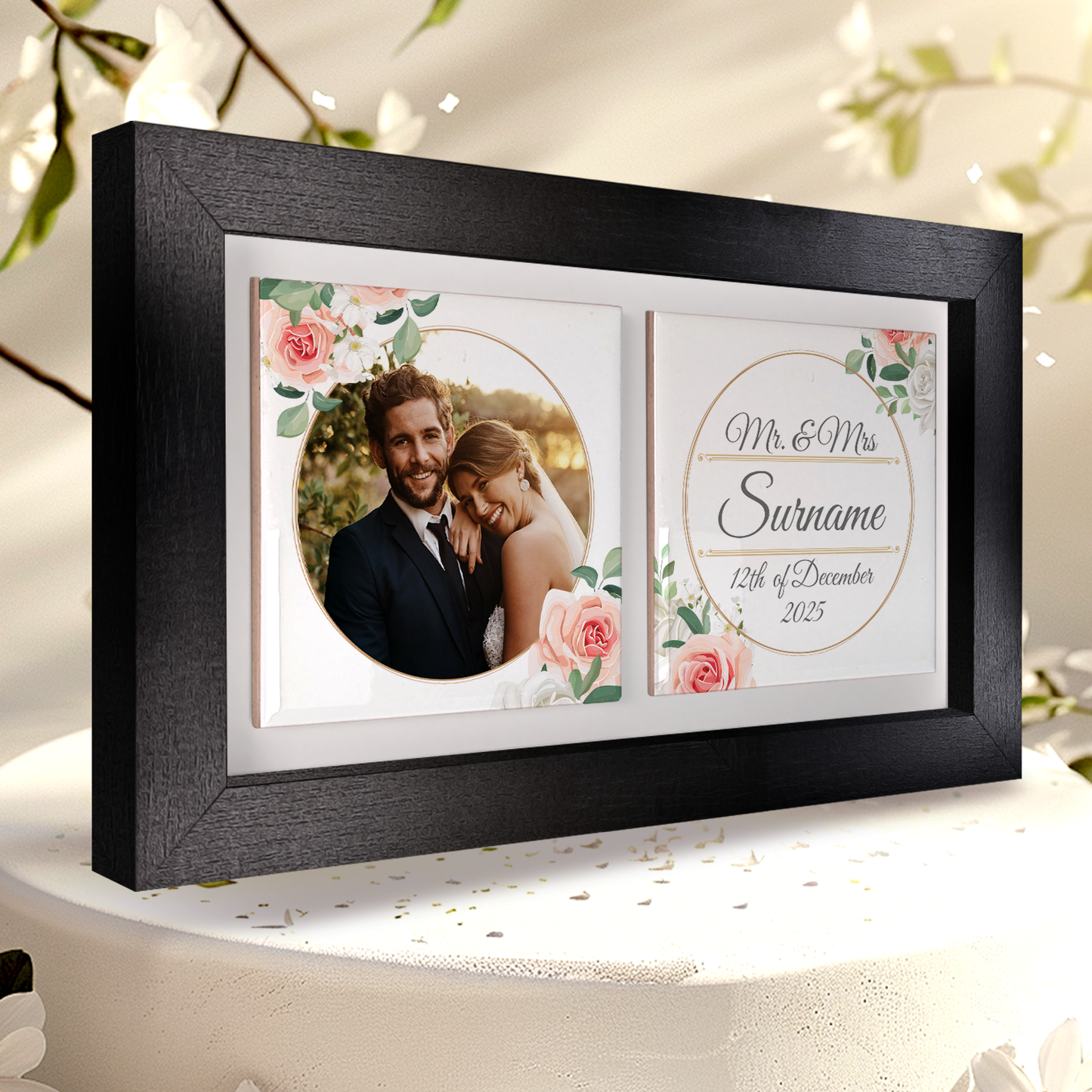 White & Peach Rose Floral Wedding Celebrations - Framed Ceramic Tiles Landscape