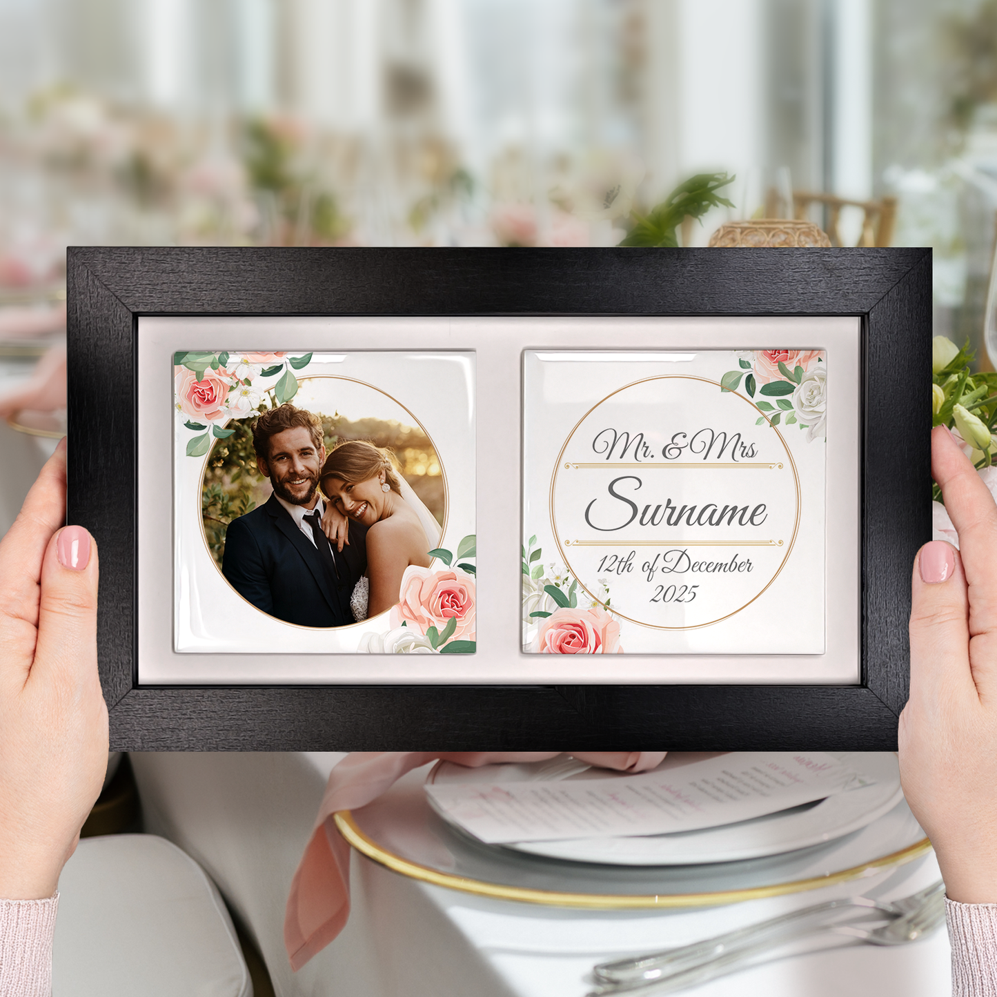 White & Peach Rose Floral Wedding Celebrations - Framed Ceramic Tiles Landscape