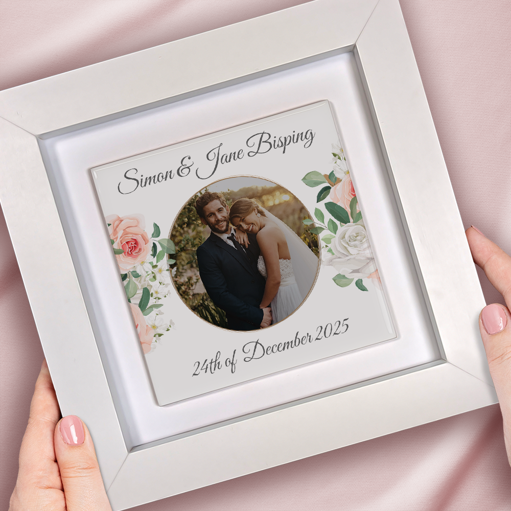 White & Peach Rose Floral Wedding Celebrations - Framed Ceramic Tiles Square