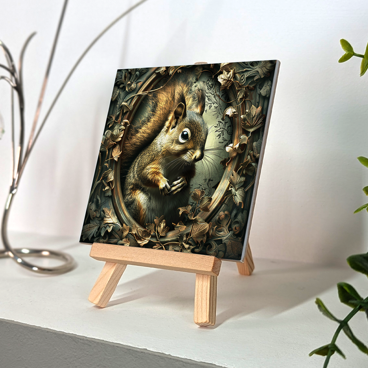 The Squirrel Baroque Style Illustrated Art Tile With Easel
