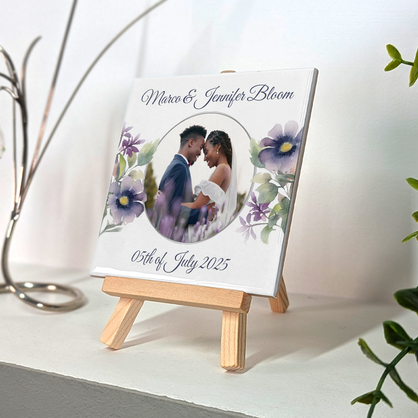 Purple Poppies Floral Wedding Celebrations – Personalised Tile with Easel