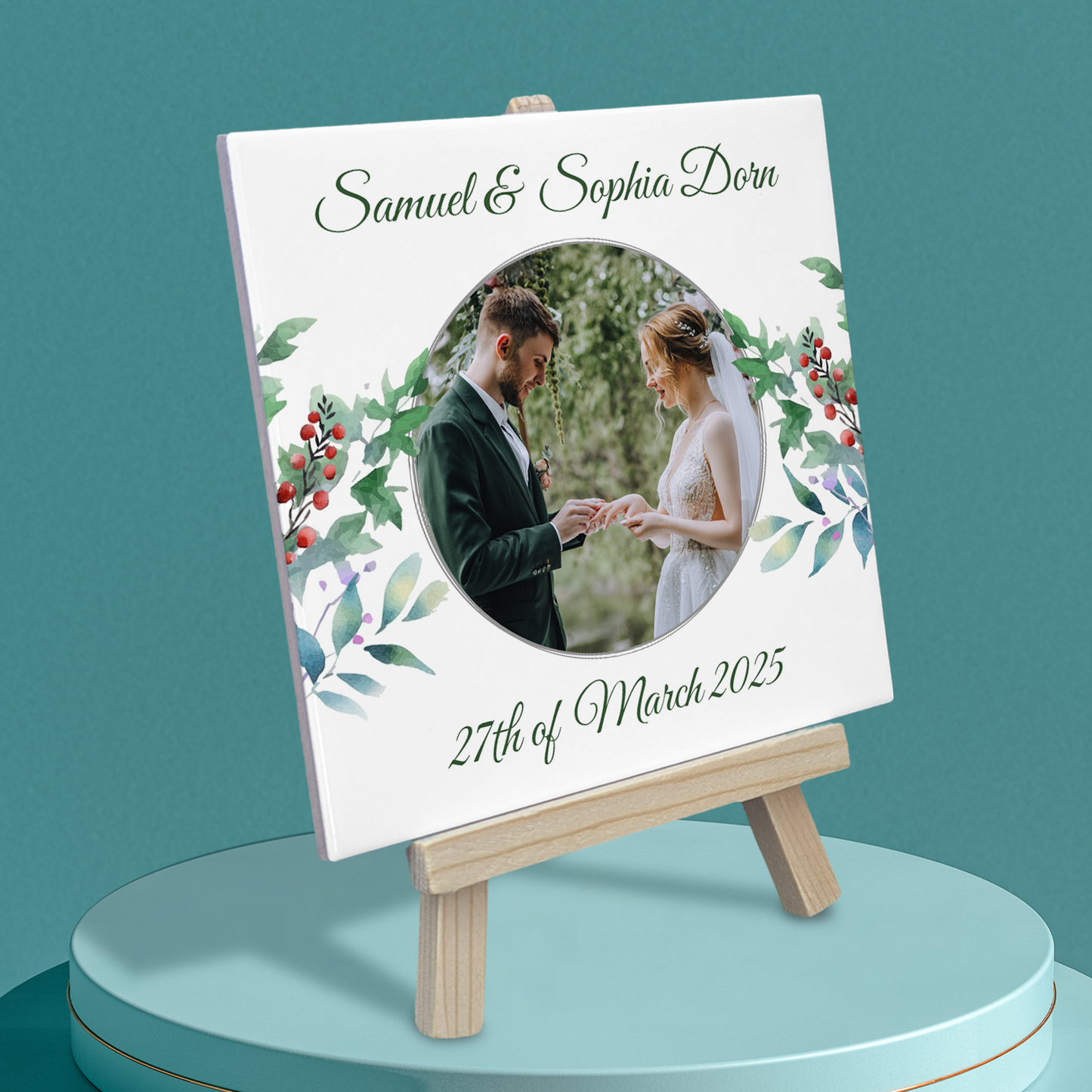 Blue Poppies Floral Wedding Celebrations – Personalised Tile with Easel