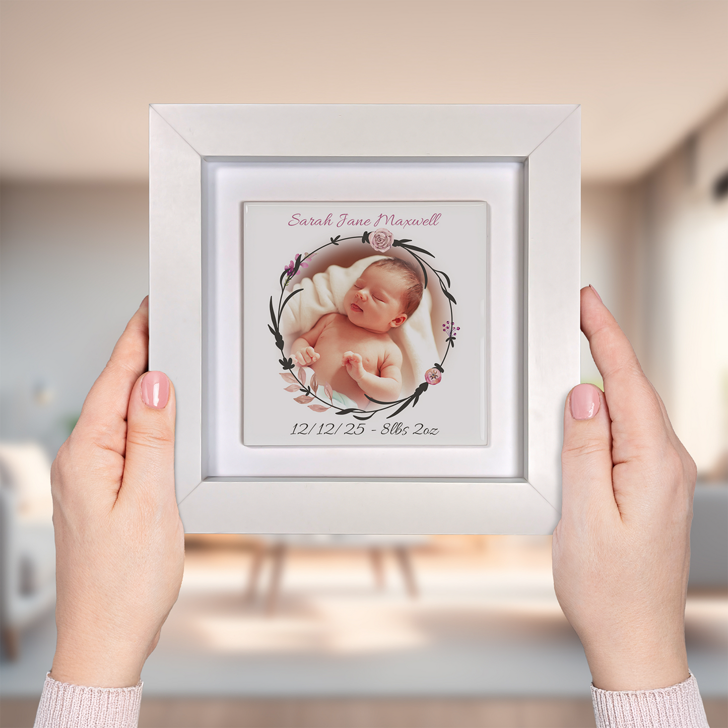 New Mum Gift Framed Tile Art -Add Name, Picture, Date & Weight Avaiable In Pink Or Blue
