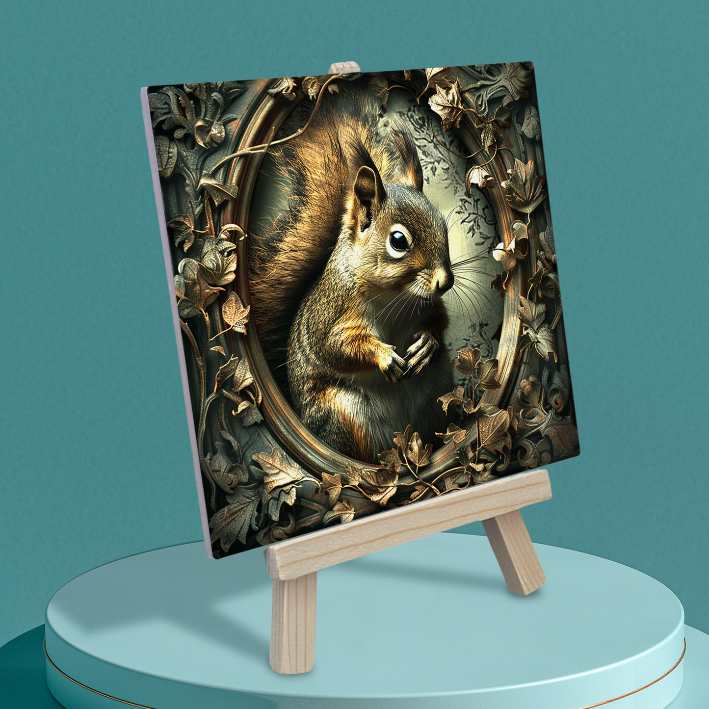 The Squirrel Baroque Style Illustrated Art Tile With Easel