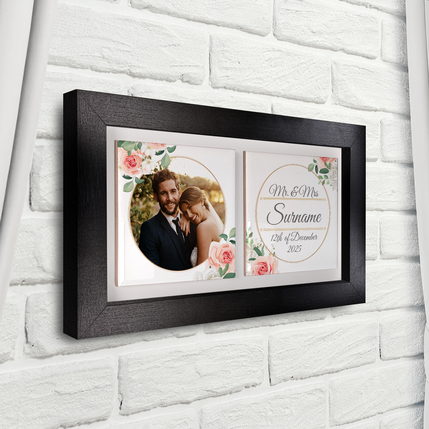 White & Peach Rose Floral Wedding Celebrations - Framed Ceramic Tiles Landscape