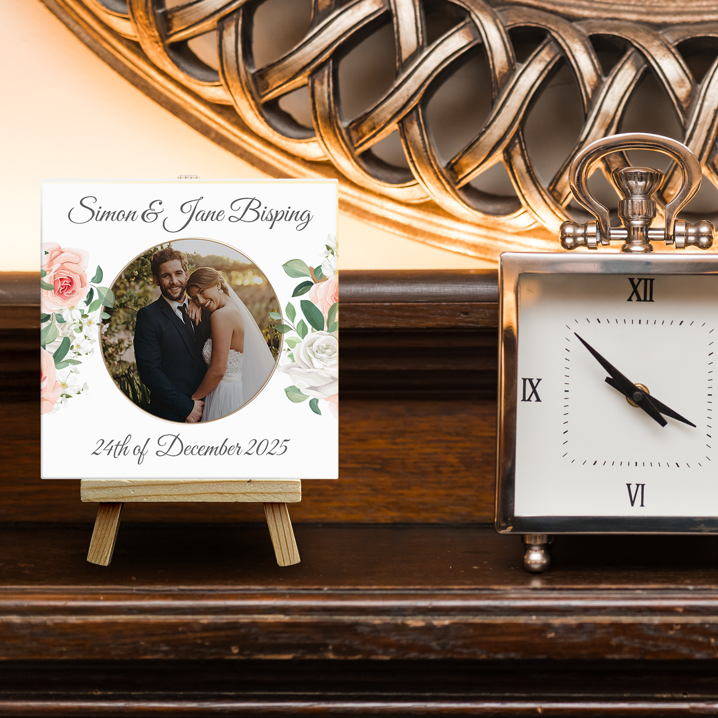 White & Peach Rose Floral Wedding Celebrations – Personalised Tile with Easel