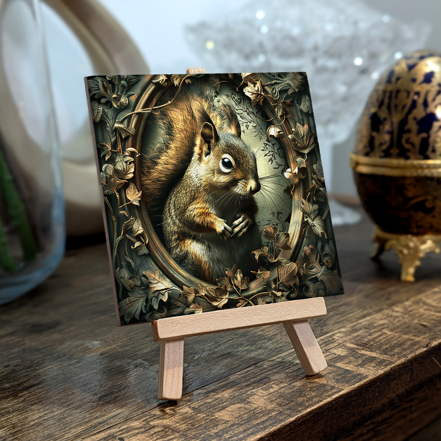 The Squirrel Baroque Style Illustrated Art Tile With Easel