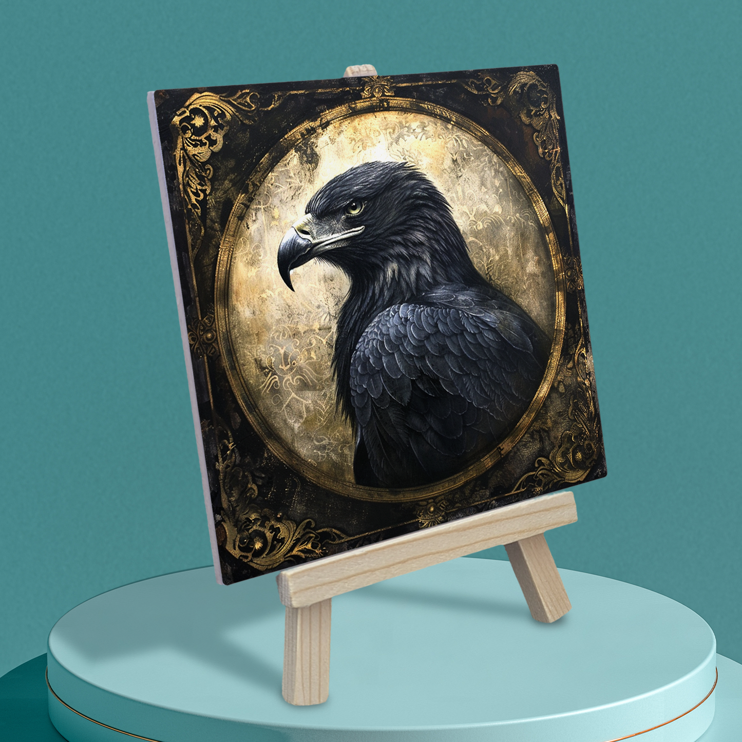 The Black Eagle Baroque Style Illustrated Art Tile With Easel