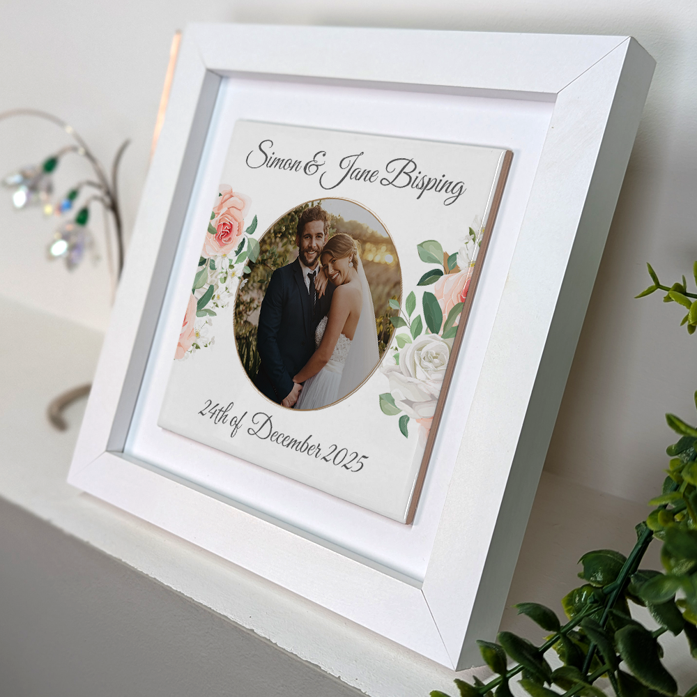 White & Peach Rose Floral Wedding Celebrations - Framed Ceramic Tiles Square