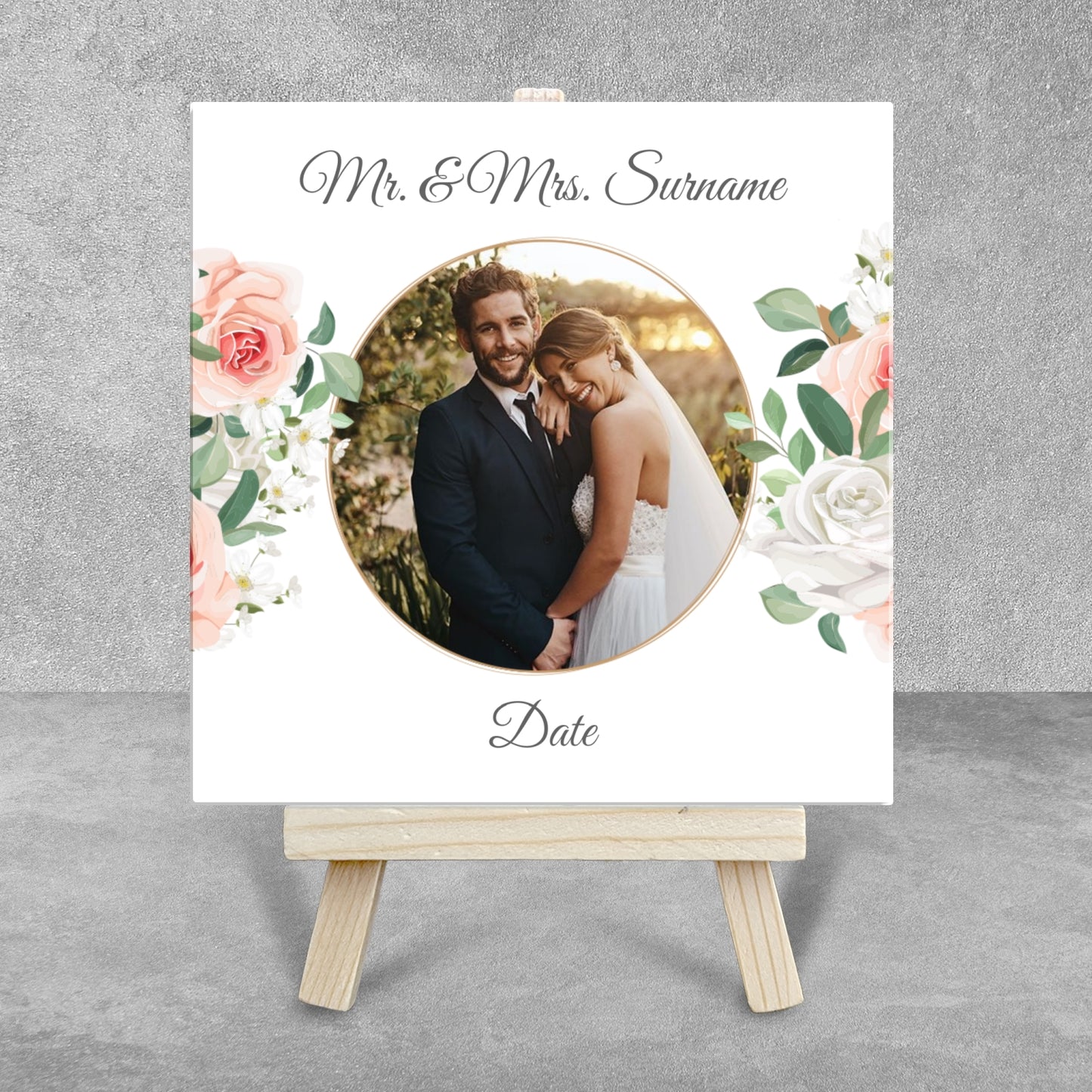 White & Peach Rose Floral Wedding Celebrations – Personalised Tile with Easel