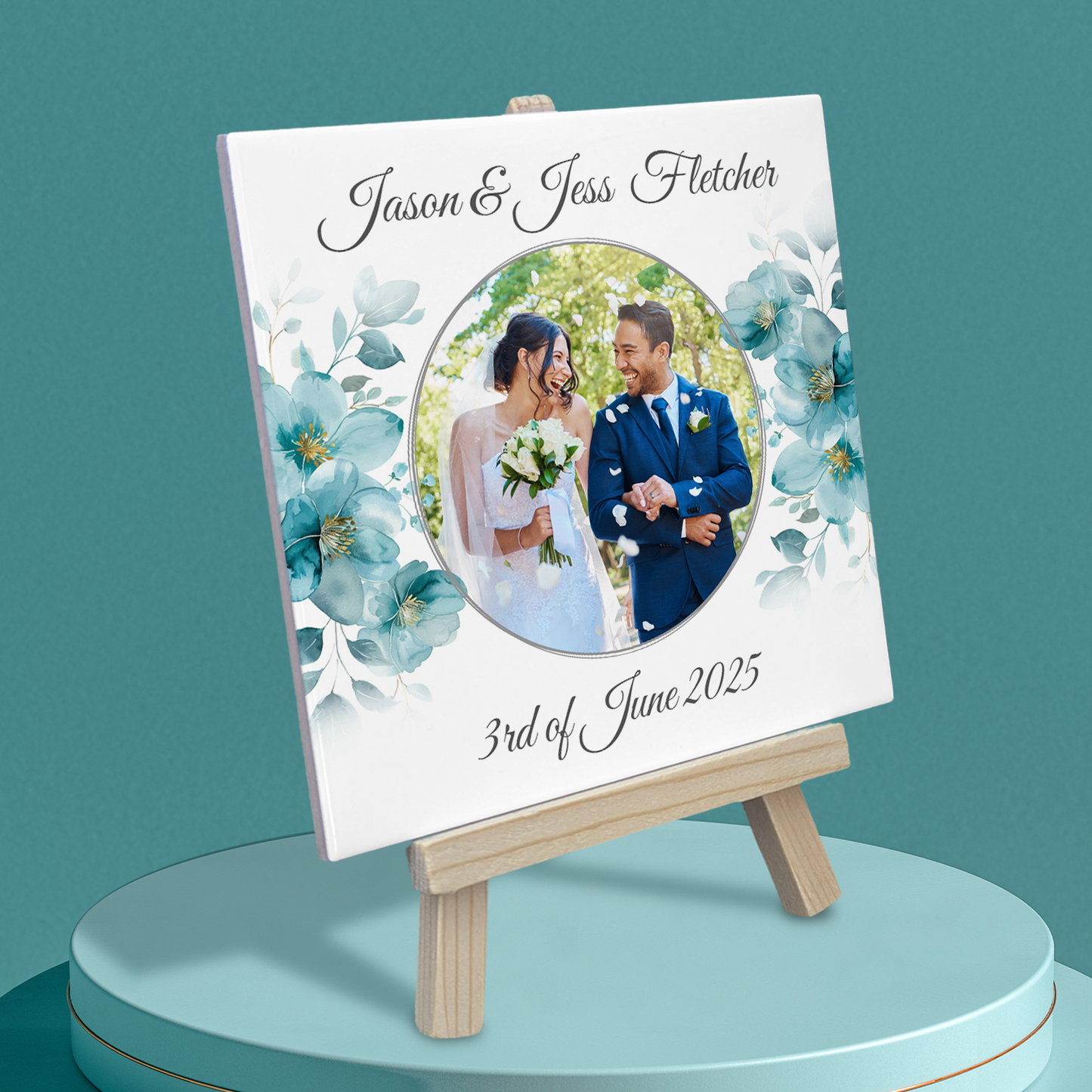 Blue Poppies Floral Wedding Celebrations – Personalised Tile with Easel
