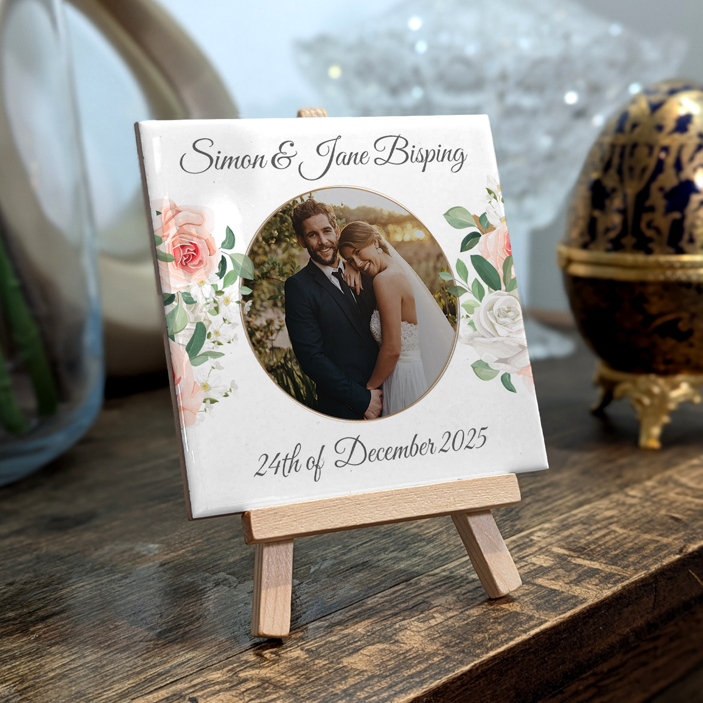 White & Peach Rose Floral Wedding Celebrations – Personalised Tile with Easel