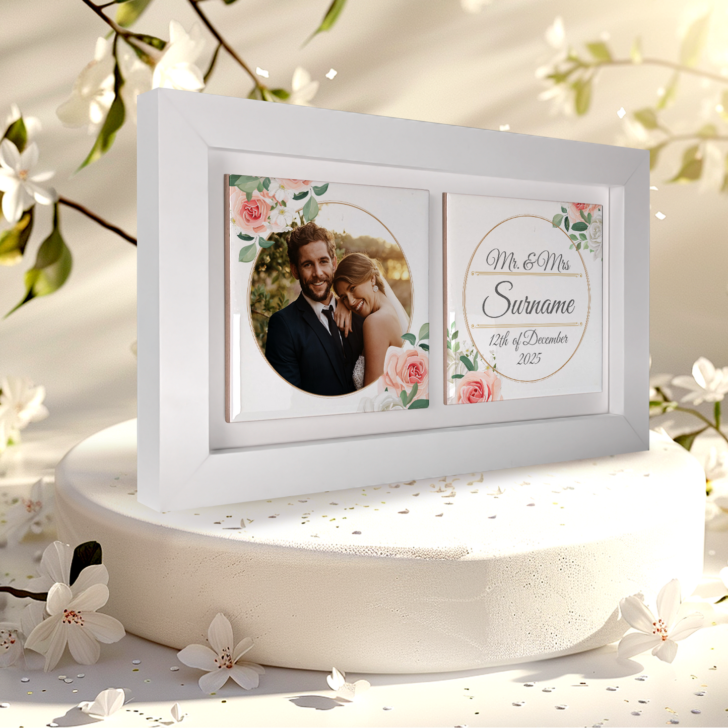 White & Peach Rose Floral Wedding Celebrations - Framed Ceramic Tiles Landscape