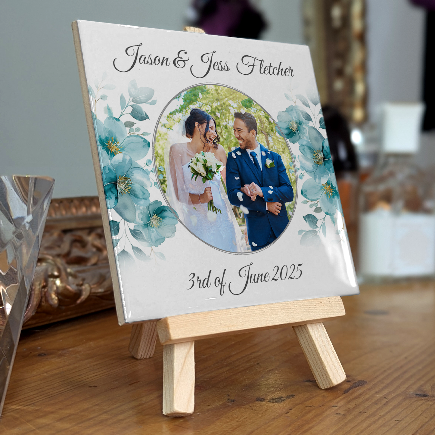 Blue Poppies Floral Wedding Celebrations – Personalised Tile with Easel