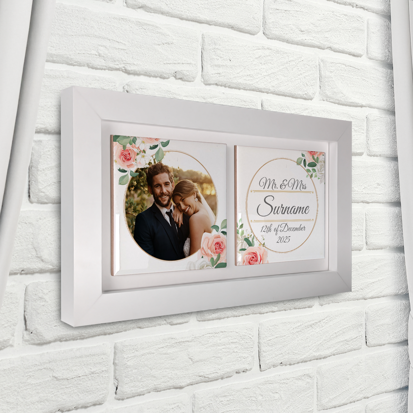 White & Peach Rose Floral Wedding Celebrations - Framed Ceramic Tiles Landscape