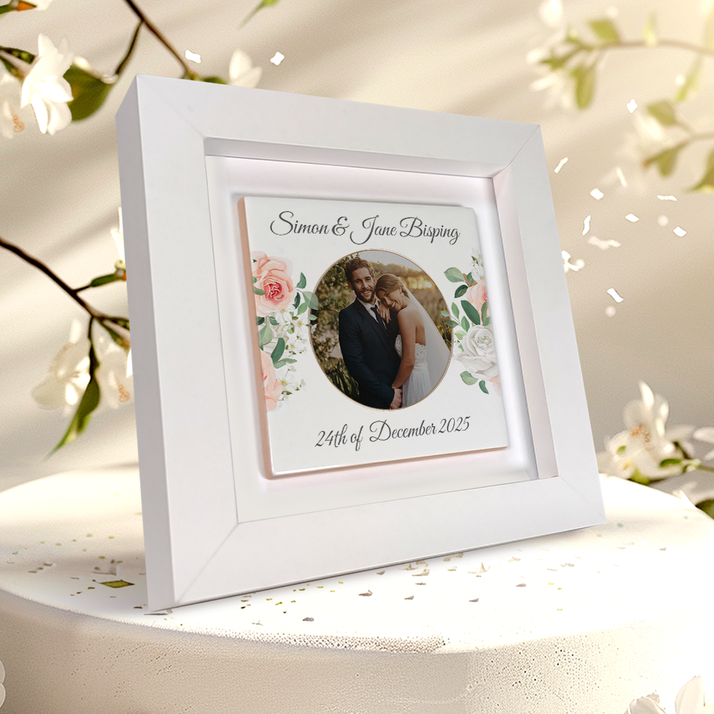 White & Peach Rose Floral Wedding Celebrations - Framed Ceramic Tiles Square