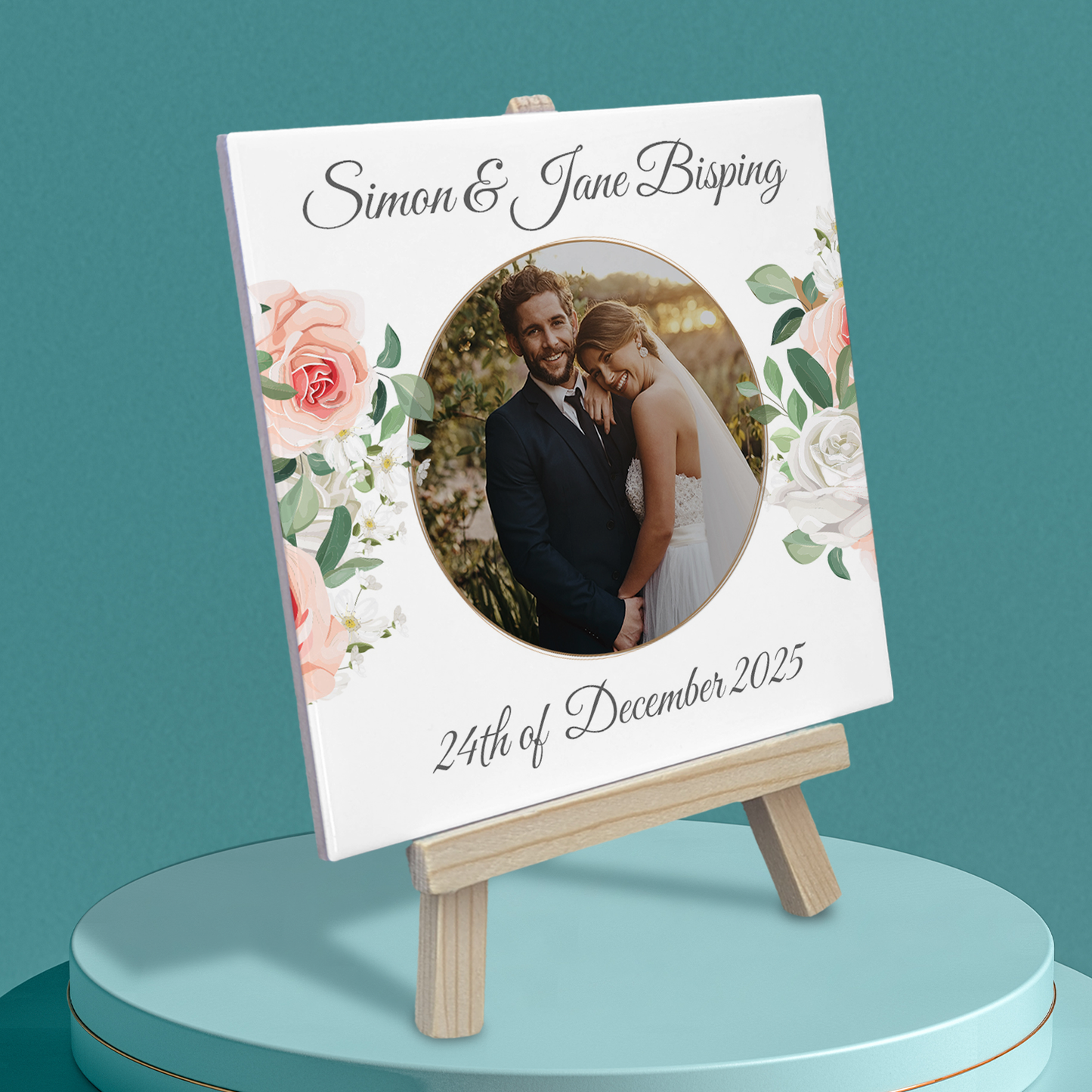 White & Peach Rose Floral Wedding Celebrations – Personalised Tile with Easel
