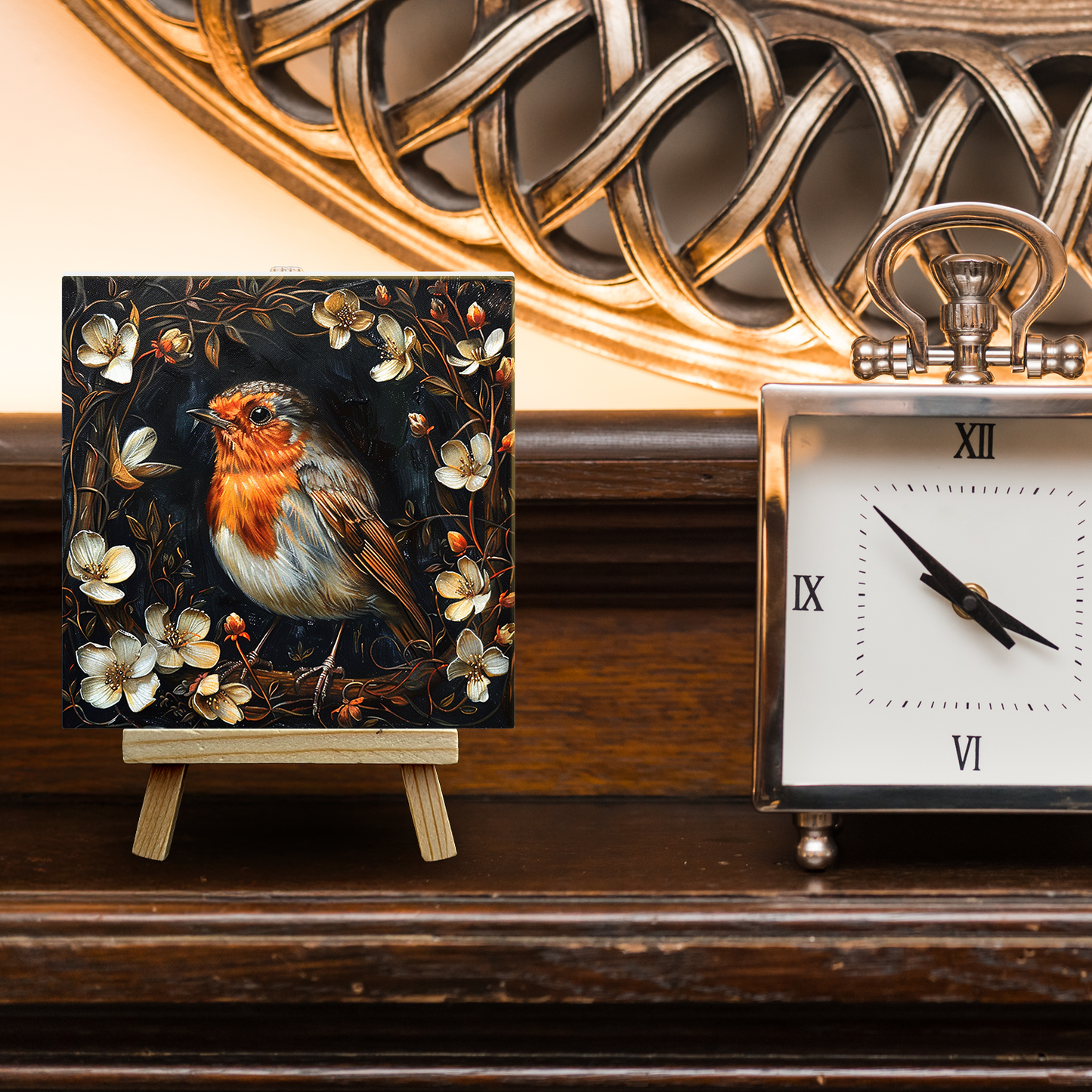 The Robin Baroque Style Illustrated Art Tile With Easel