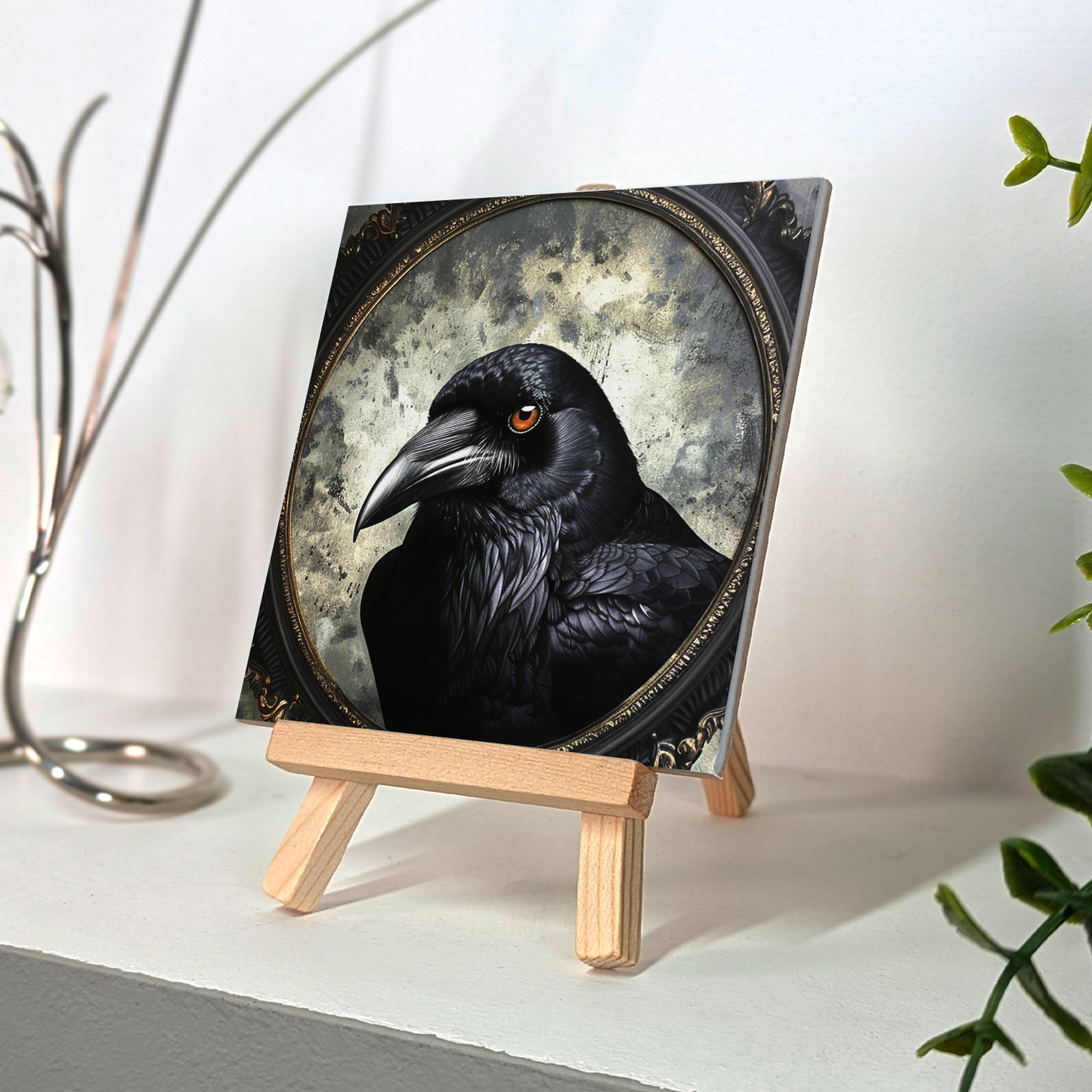 The Crow Baroque Style Illustrated Art Tile With Easel