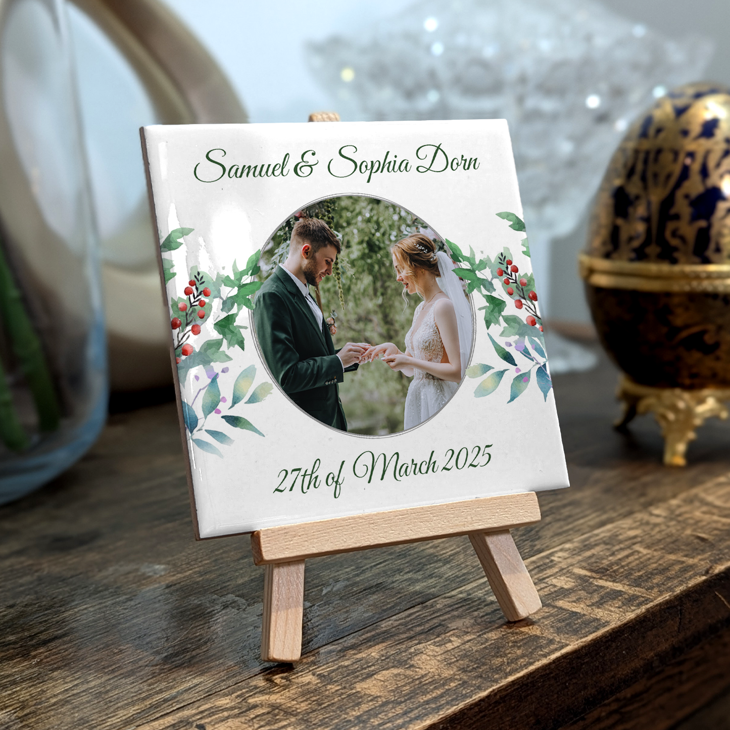Woodland Floral Wedding Celebrations – Personalised Tile with Easel