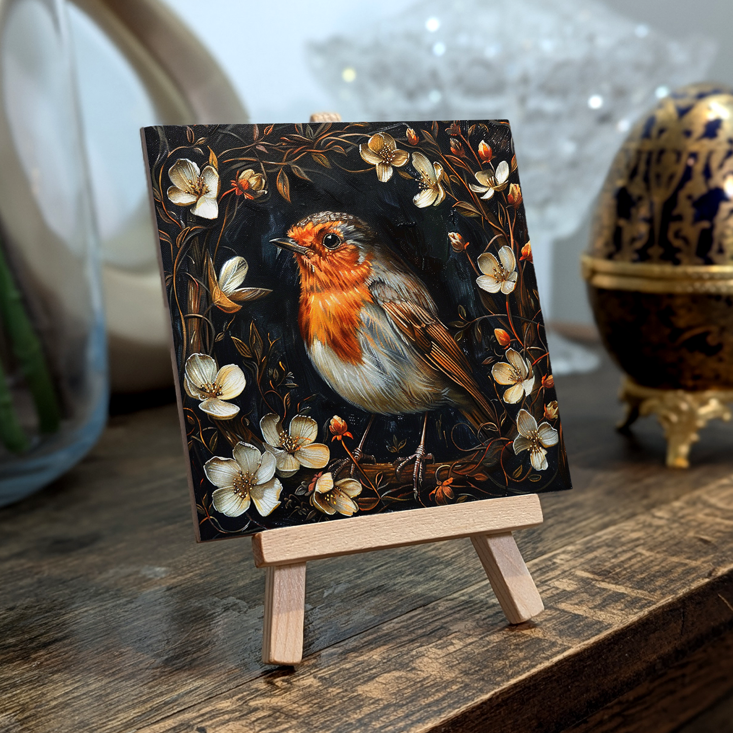 The Robin Baroque Style Illustrated Art Tile With Easel