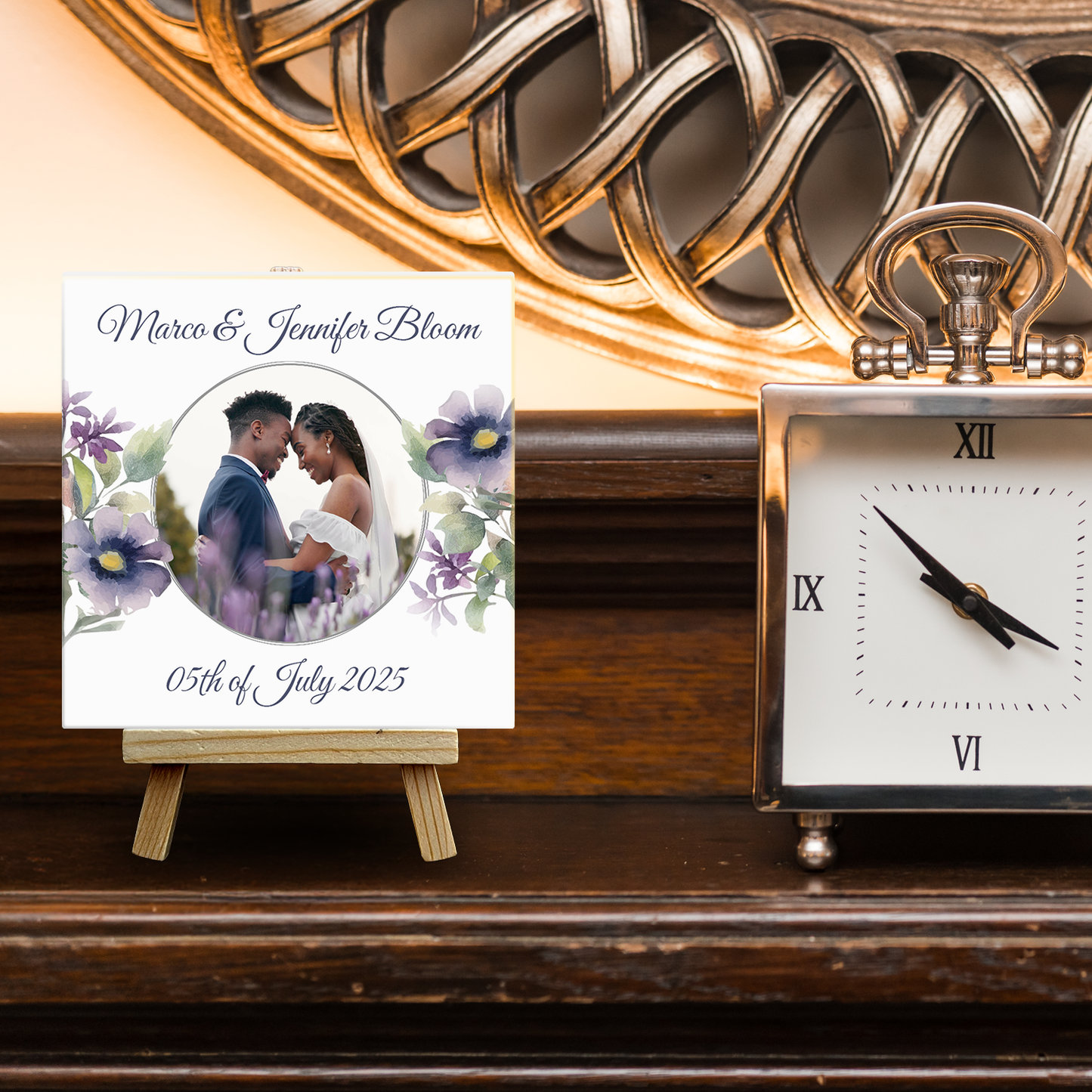 Purple Poppies Floral Wedding Celebrations – Personalised Tile with Easel