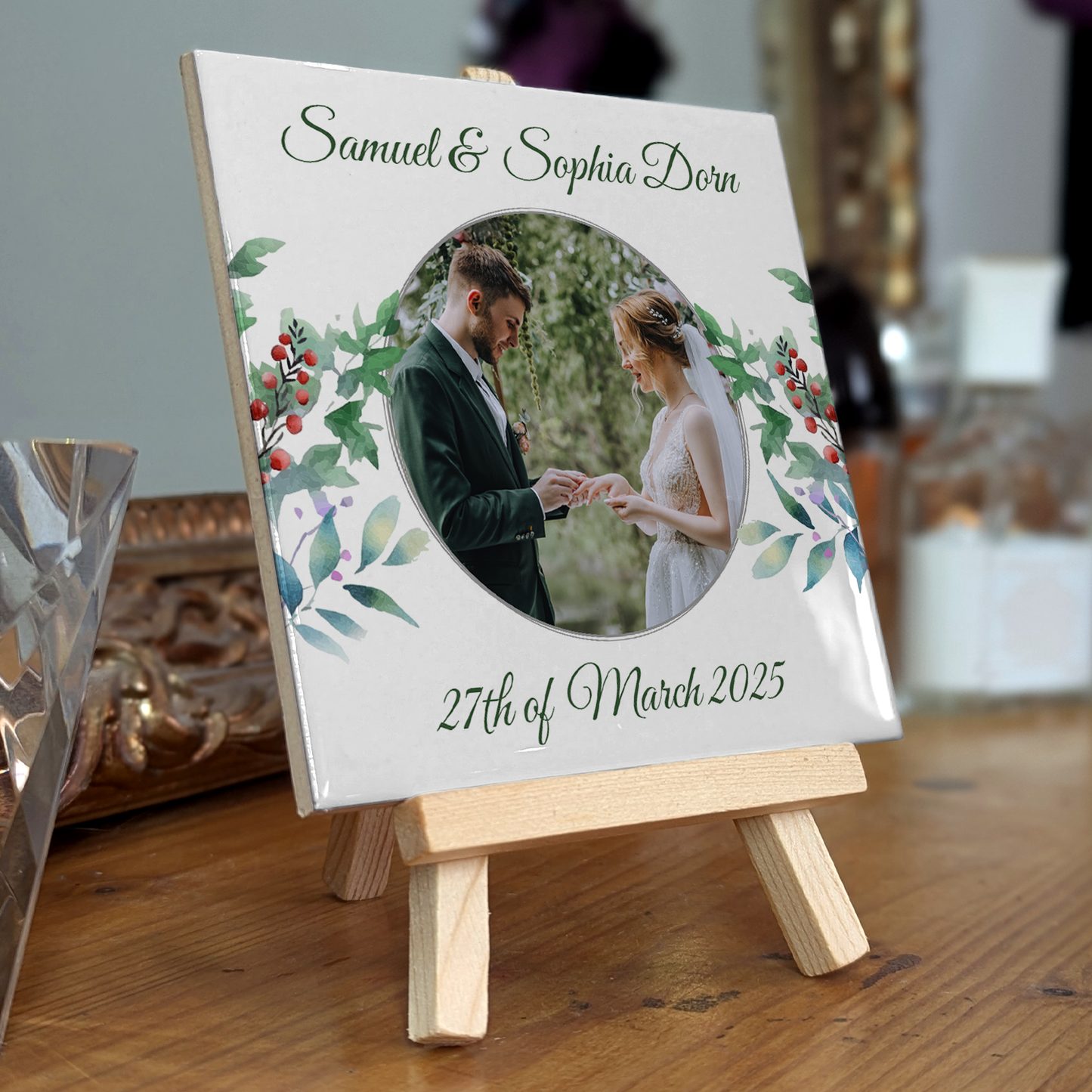 Purple Poppies Floral Wedding Celebrations – Personalised Tile with Easel