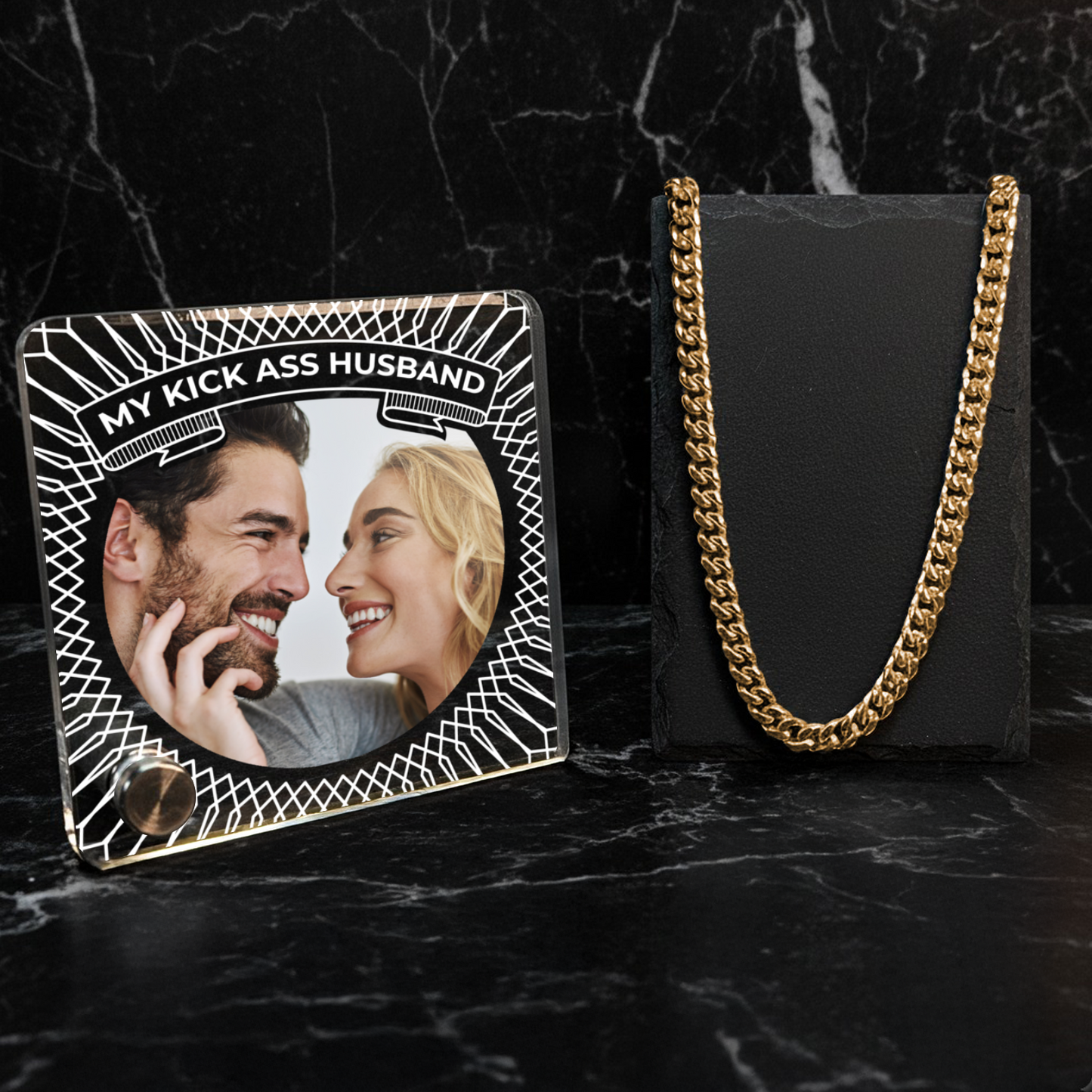 My Kick Ass Husband - Gold 14k Cuban Chain With Personalised Acrylic Plaque