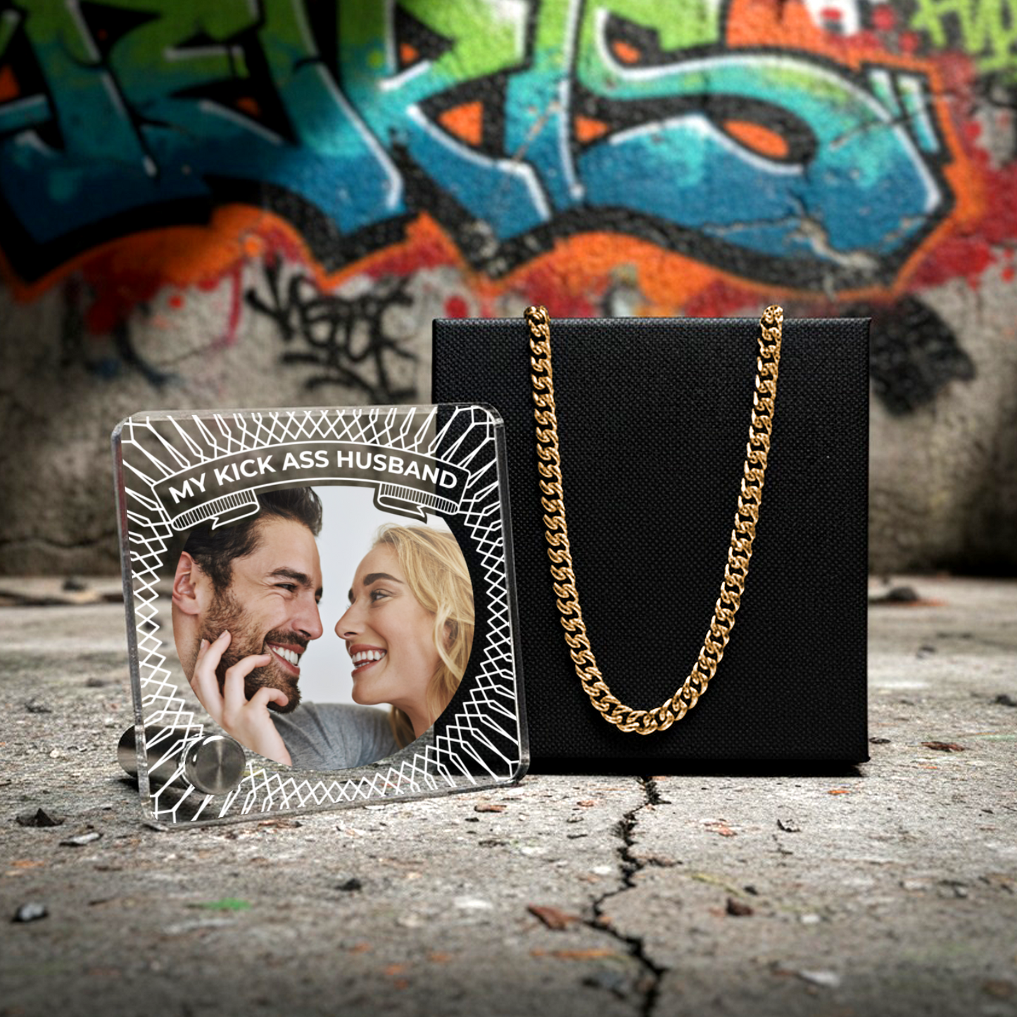 My Kick Ass Husband - Gold 14k Cuban Chain With Personalised Acrylic Plaque