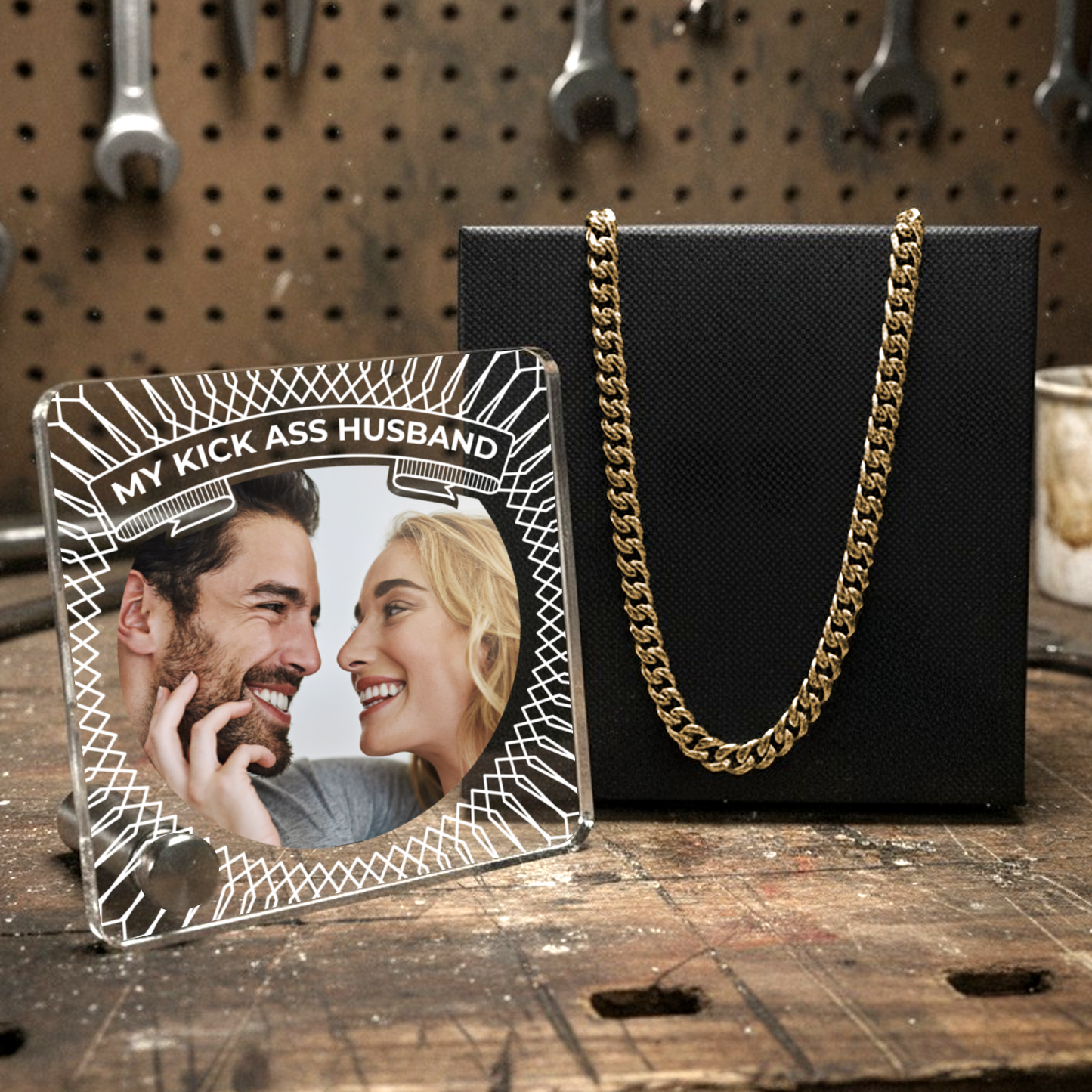 My Kick Ass Husband - Gold 14k Cuban Chain With Personalised Acrylic Plaque