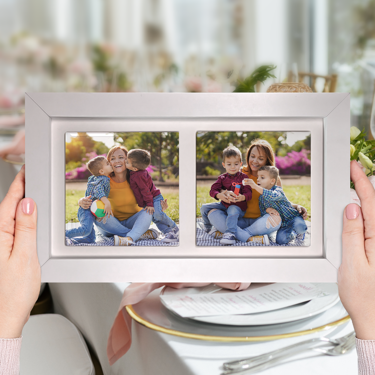 Family Portrait For Mum – Personalised Ceramic Tiles in Landscape Frame