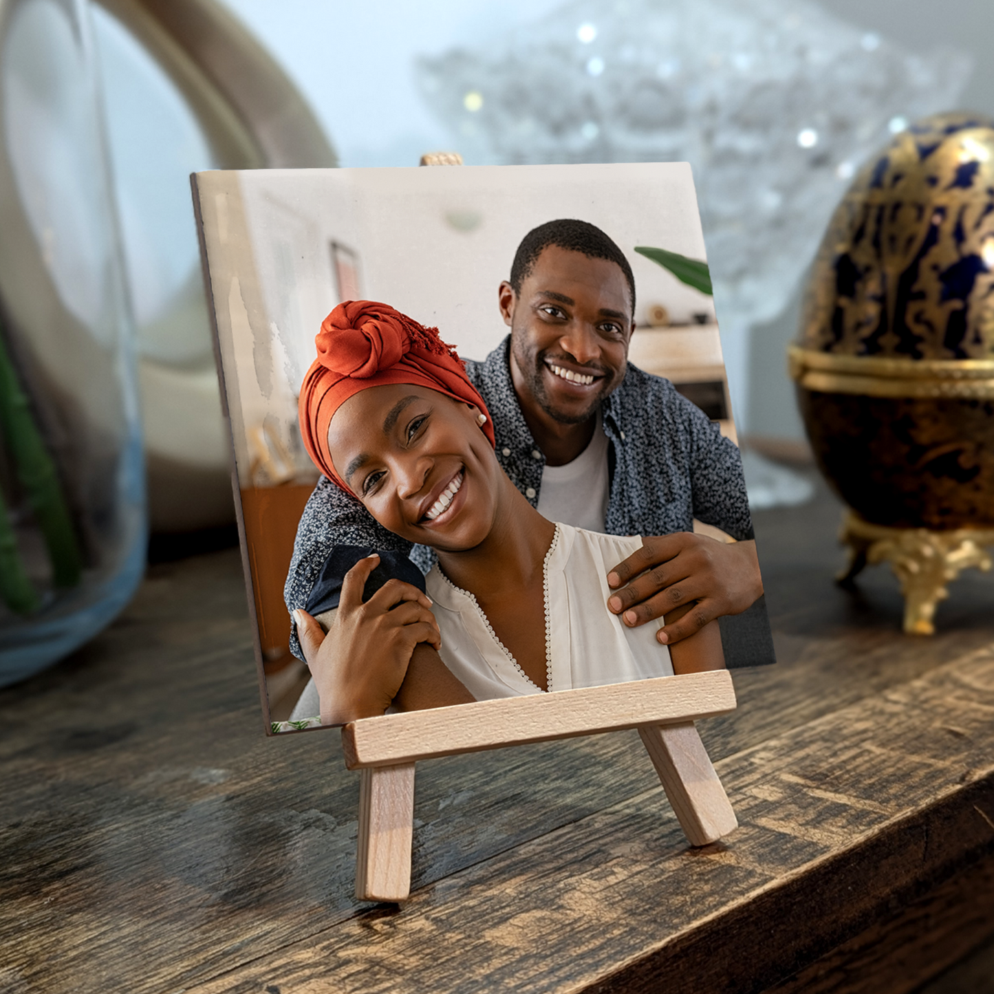 Family Portrait For Husband & Wife – Personalised Ceramic Tile with Easel