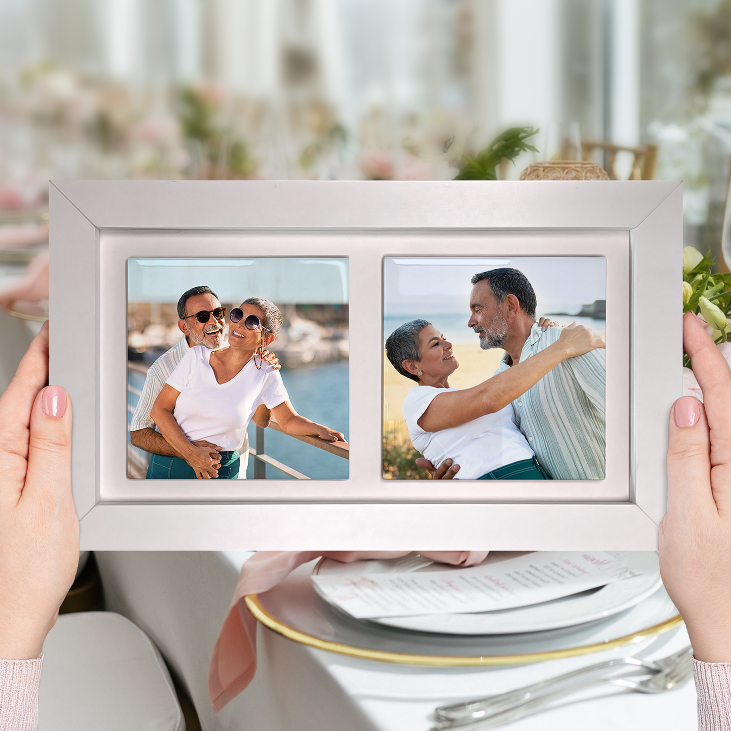 Family Portrait For Husband & Wife – Personalised Ceramic Tiles in Landscape Frame