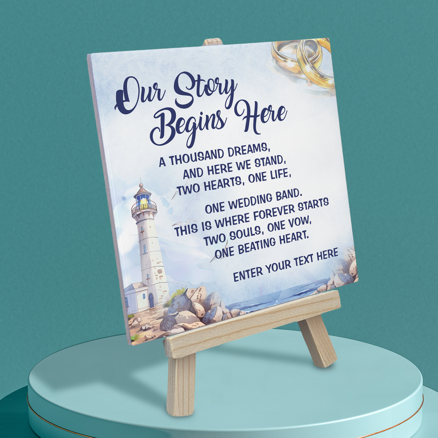 Our Story Begins Here – Personalised Ceramic Tile with Easel