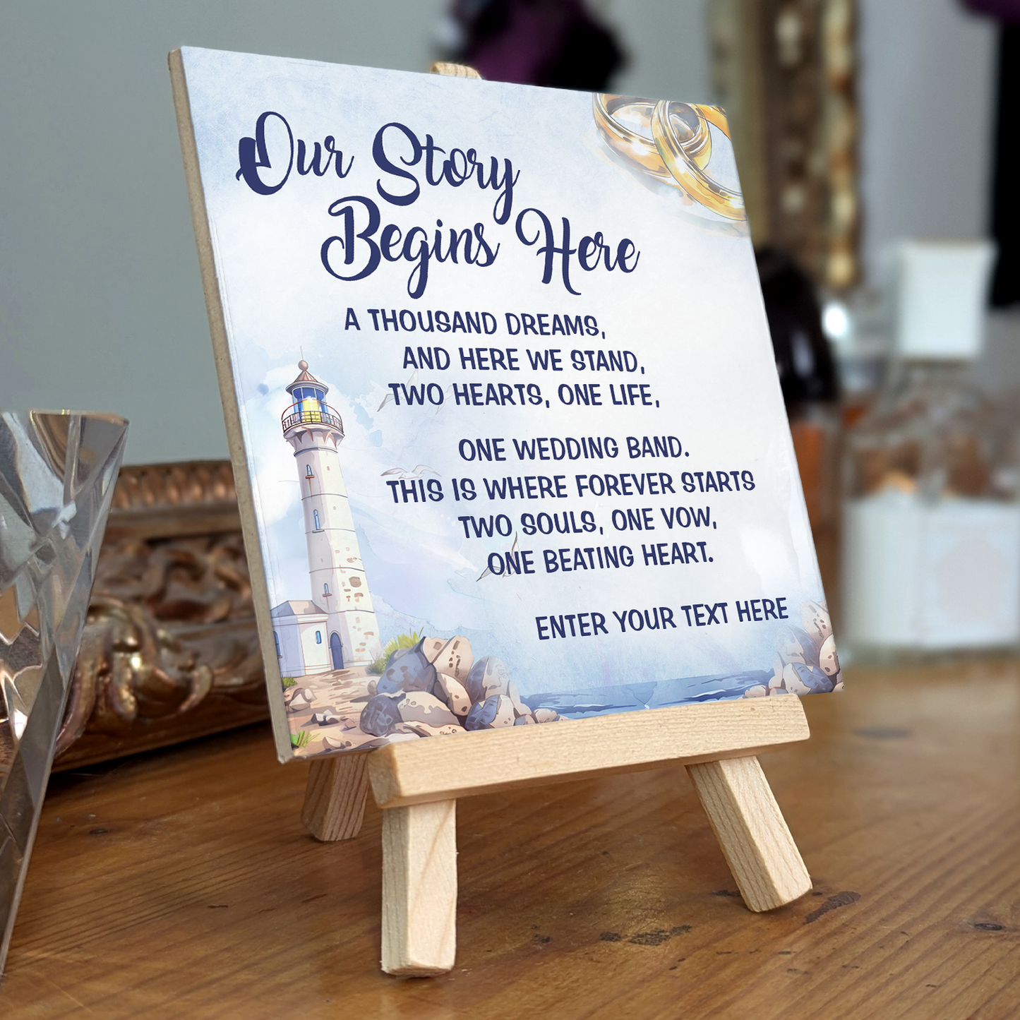 Our Story Begins Here – Personalised Ceramic Tile with Easel