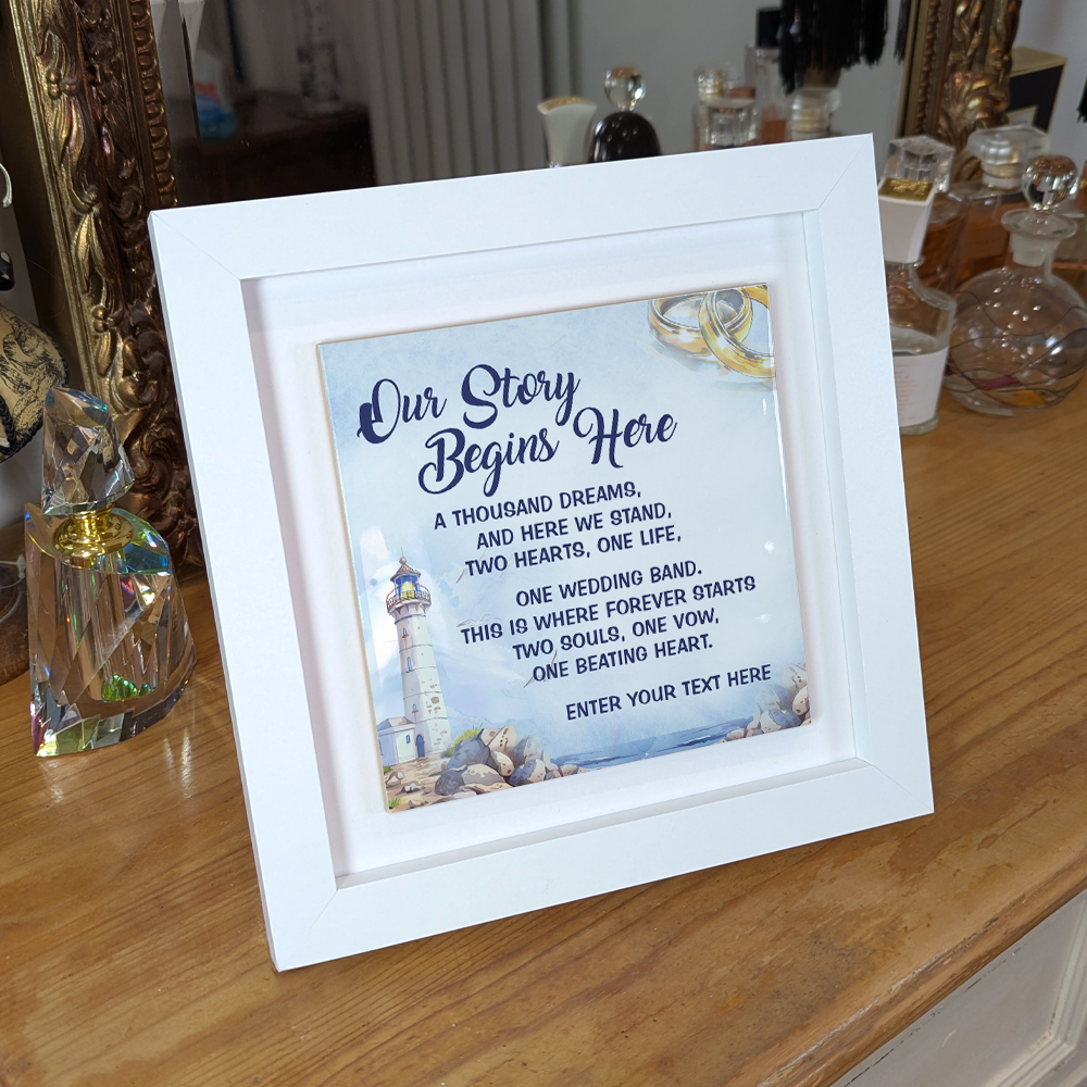 Our Story Begins Here – Personalised Square Framed Ceramic Tile