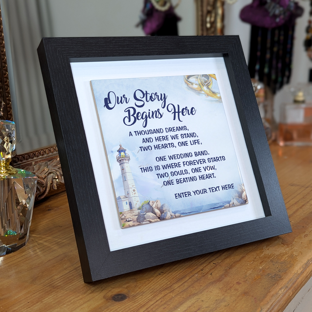 Our Story Begins Here – Personalised Square Framed Ceramic Tile